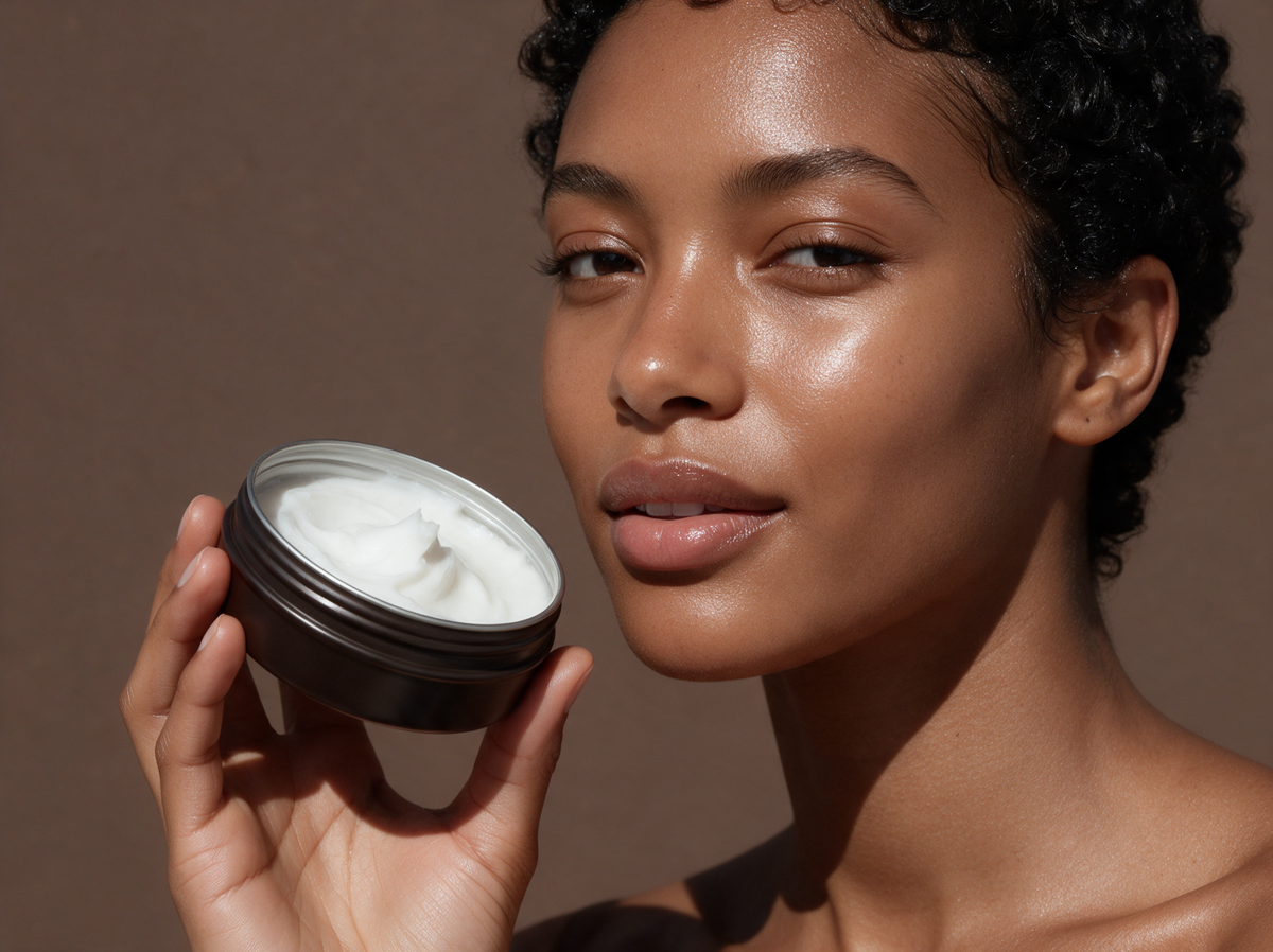 Woman holding an open tin of whipped tallow cream