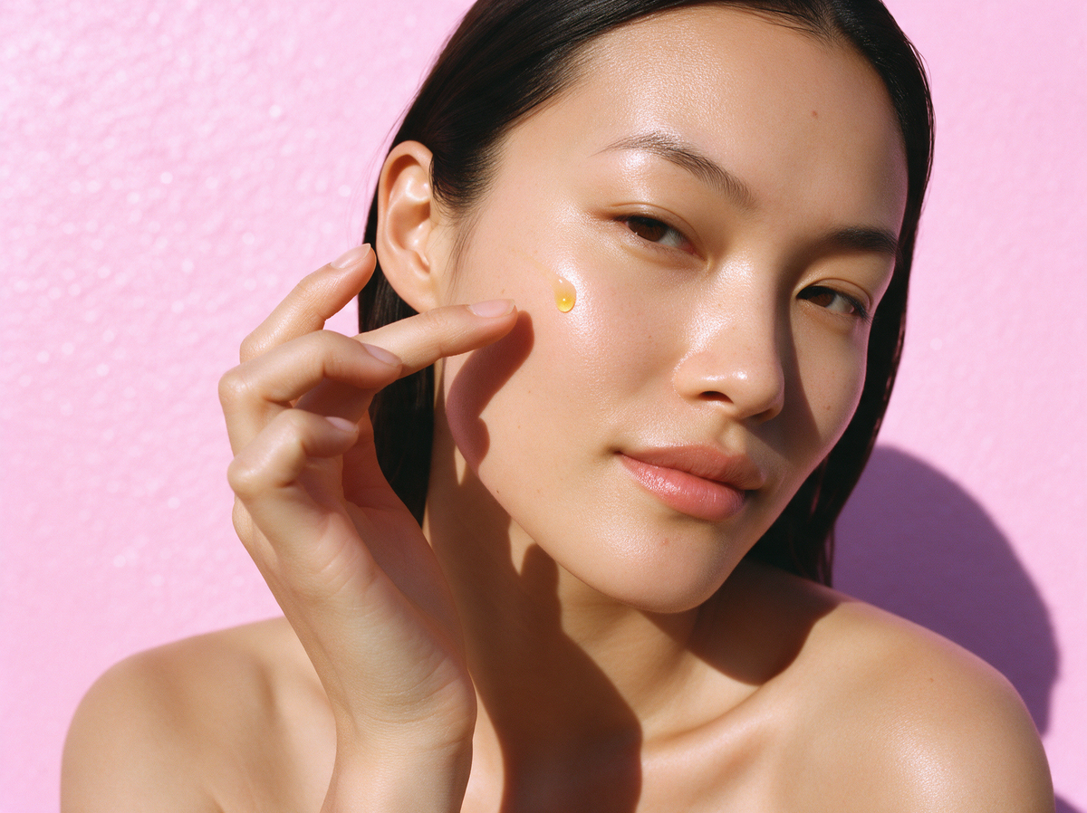 Woman with glowing skin holding a drop of golden jojoba oil to her cheek